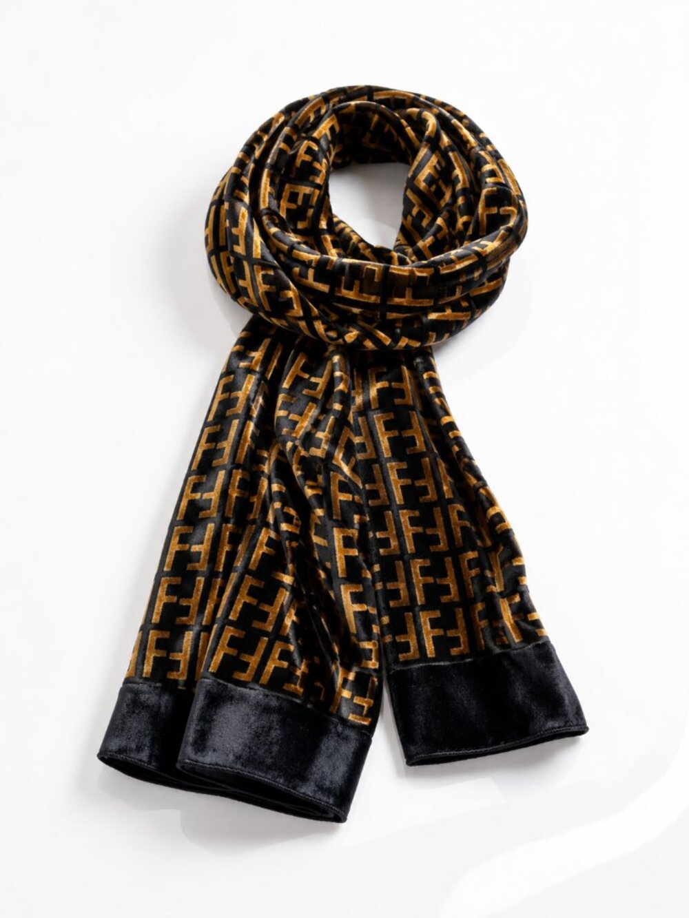 FENDI Zucca Silk Velvet Black Gold Metallic FF Monogram Scarf RARE Vintage